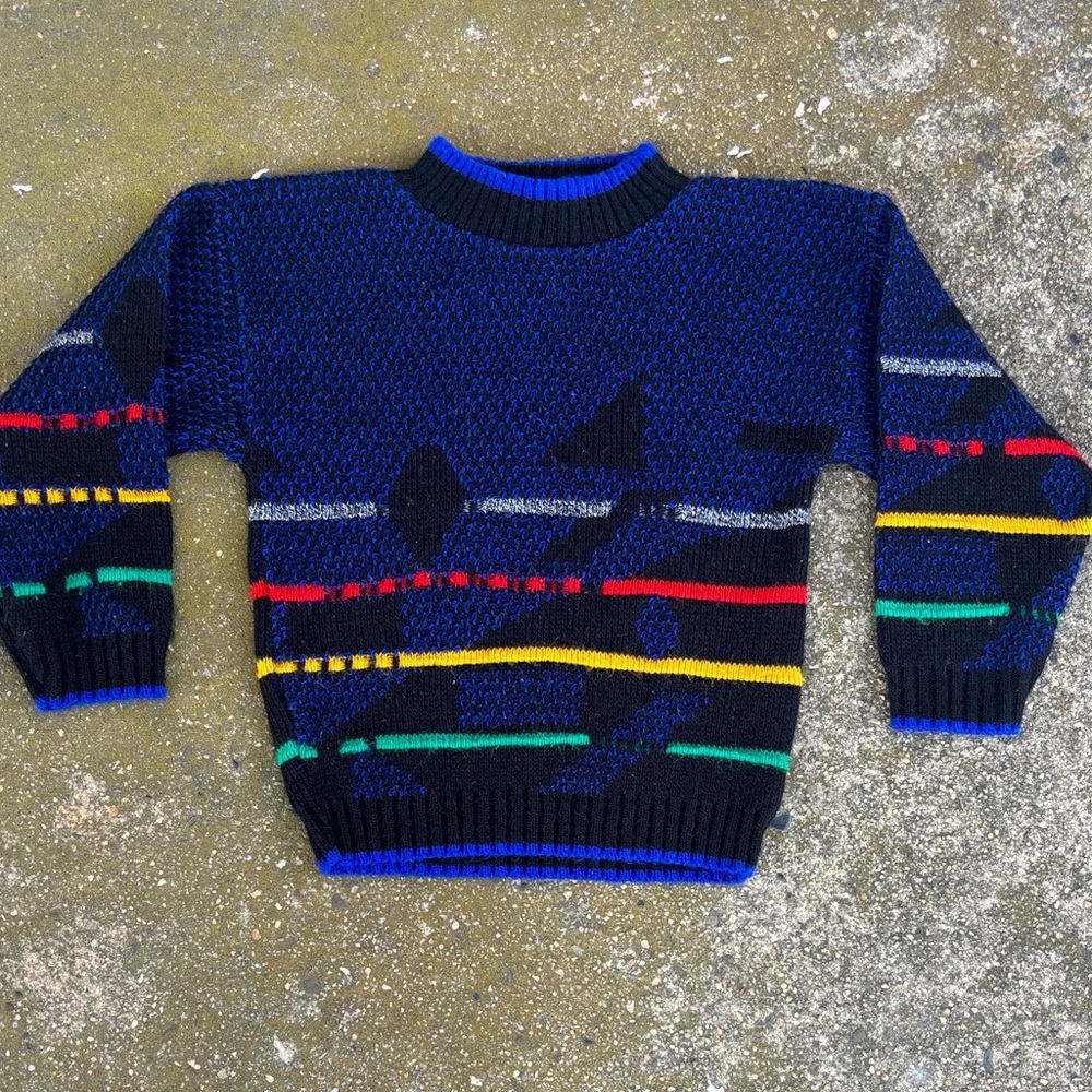 Kids Vintage 80s 90s Multicolor Geometric Sweater